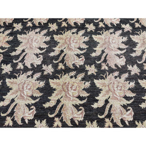 9'1"x12'4" Walnut Hull Black, Dense Weave, Fine Peshawar with All Over Repetitive Flower Bouquets Design, Hand Knotted, Pure Wool, Oriental Rug FWR525102