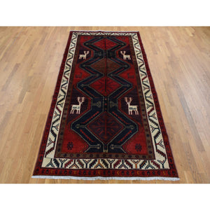 5'2"x10'6" Maroon Red, New Persian with Deer Figurines, Pure Wool, Hand Knotted, Gallery Size Runner Oriental Rug FWR525144