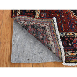 5'x10'1" Maroon Red, Hand Knotted, New Persian Hamadan with Geometric Anchored Medallion Design, Pure Wool, Oriental Rug FWR525168