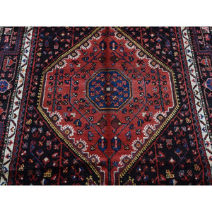 5'x10'1" Maroon Red, Hand Knotted, New Persian Hamadan with Geometric Anchored Medallion Design, Pure Wool, Oriental Rug FWR525168