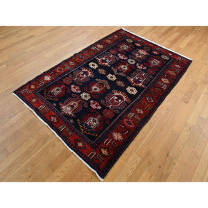 4'8"x7' Barn Red, Persian Malayer Repetitive Geometrical Medallions, Full Pile, Hand Knotted, Pure Wool, Oriental Rug FWR525240