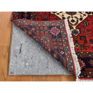 3'2"x5'2" Carnelian Red, New Persian Hamadan Double Geometric Medallion, Pure Wool, Hand Knotted, Oriental Rug FWR525306