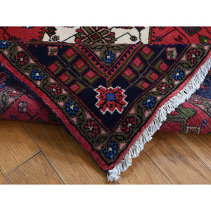 3'2"x5'2" Carnelian Red, New Persian Hamadan Double Geometric Medallion, Pure Wool, Hand Knotted, Oriental Rug FWR525306