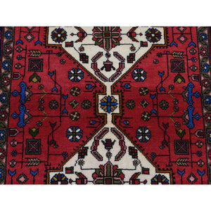 3'2"x5'2" Carnelian Red, New Persian Hamadan Double Geometric Medallion, Pure Wool, Hand Knotted, Oriental Rug FWR525306