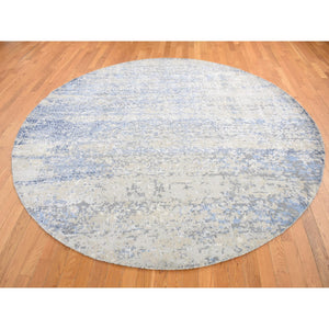 9'x9' Little Boy Blue, Broken Mosaic Design, Wool and Silk, Hand Knotted, Round Oriental Rug FWR525408