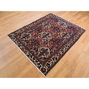 5'x6'9" Persian Red, Vintage Persian Bakhtiar with Diamonds Shaped Garden Design, Full Pile and Clean, Hand Knotted, Oriental Rug FWR525456