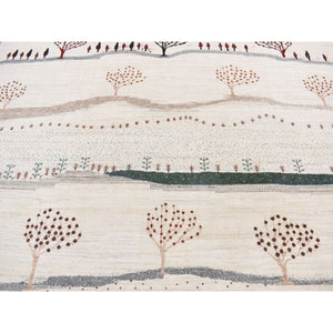 10'x14' Ivory, Hand Knotted, Persian Folk Art Gabbeh, Scenery, Tree And Desert Design, Thick And Plush, Pure Wool, Oriental Rug FWR525474