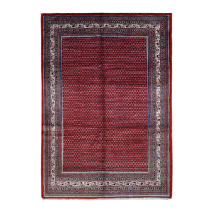 7'1"x10'8" Fire Brick Red, New Persian Sarouk Mir with Small Repetitive Boteh Design, Pure Wool, Hand Knotted, Oriental Rug FWR525582
