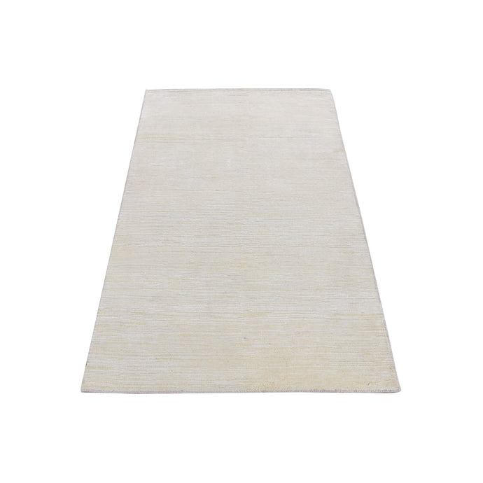 3'x5' Ivory, Silk with Textured Wool, Tone on Tone Striae Design, Hand Knotted, Oriental Rug FWR525624