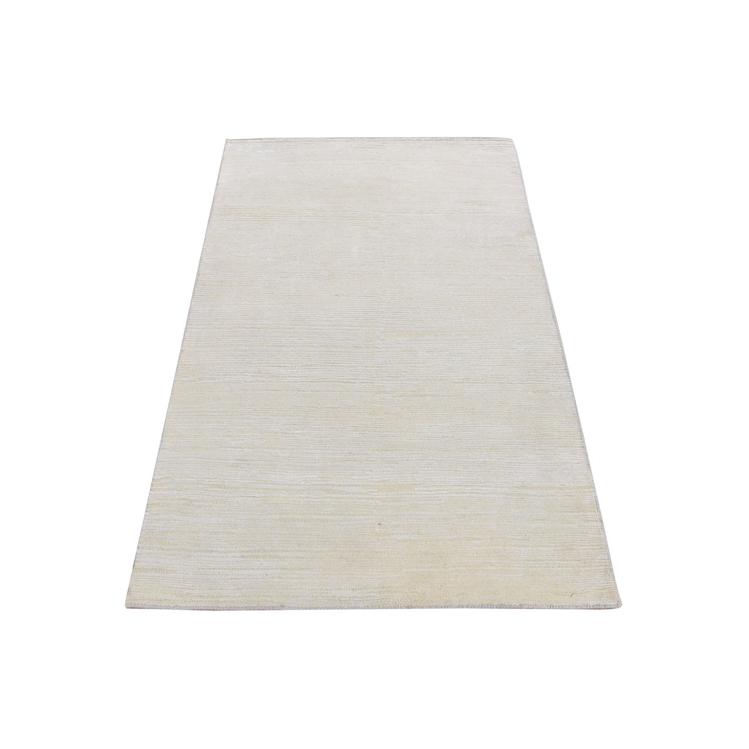3'x5' Ivory, Silk with Textured Wool, Tone on Tone Striae Design, Hand Knotted, Oriental Rug FWR525624