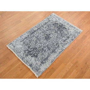 3'x4'10" Arsenic Gray, Broken and Erased Persian Design, Wool and Pure Silk, Hand Knotted, Oriental Rug FWR525630