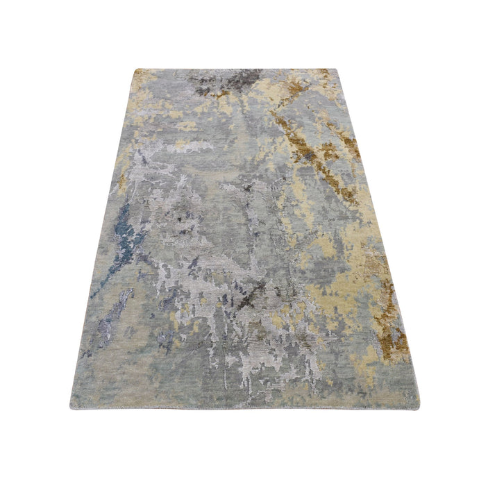 3'x5' Battleship Gray, Abstract Paint Brush Strokes Design, Wool and Silk, Hand Knotted, Oriental Rug FWR525642