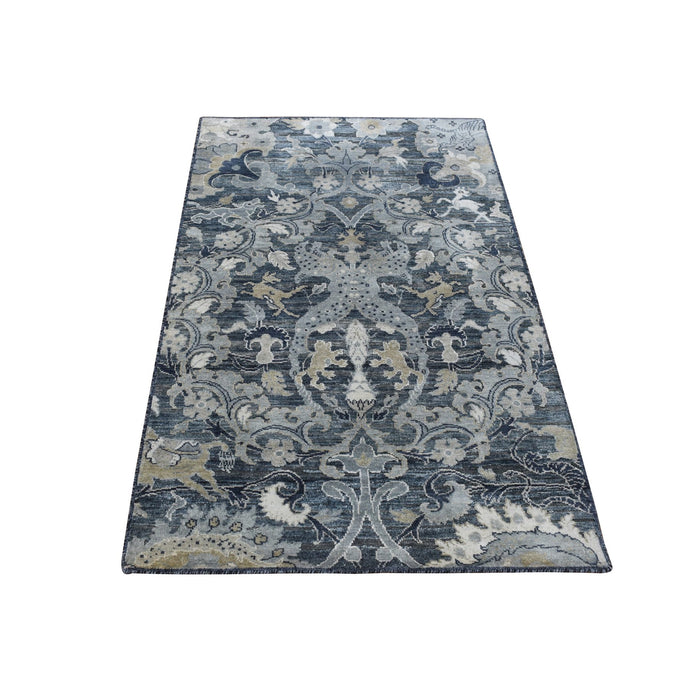 3'x5' Arsenic Gray, Hand Knotted, Silk with Textured Wool, Blossom Design, Oriental Rug FWR525672