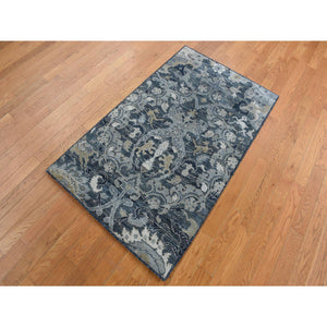 3'x5' Arsenic Gray, Hand Knotted, Silk with Textured Wool, Blossom Design, Oriental Rug FWR525672