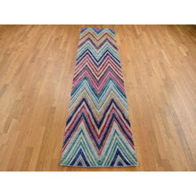 Load image into Gallery viewer, 3&#39;x12&#39;3&quot; Rouge Pink, Chevron Design, Sari Silk And Textured Wool, Hand Knotted, Runner Oriental Rug FWR525726