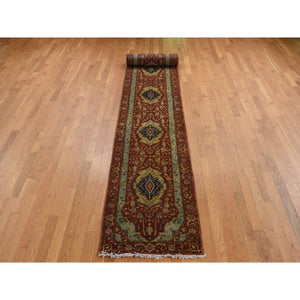2'7"x17'7" Brick Red, Antiqued Heriz, Hand Spun New Zealand Wool, Hand Knotted, XL Runner Oriental Rug FWR525738