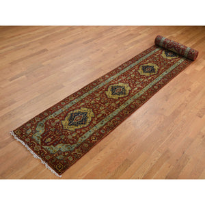 2'7"x17'7" Brick Red, Antiqued Heriz, Hand Spun New Zealand Wool, Hand Knotted, XL Runner Oriental Rug FWR525738