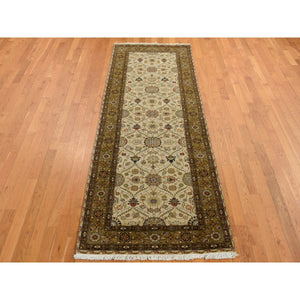 3'6"x10'3" Khaki Brown, Hereke Design, Hand Spun New Zealand Wool, 300 Kpsi, Hand Knotted, Wide Runner Oriental Rug FWR525744