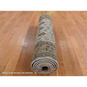 3'6"x10'3" Khaki Brown, Hereke Design, Hand Spun New Zealand Wool, 300 Kpsi, Hand Knotted, Wide Runner Oriental Rug FWR525744