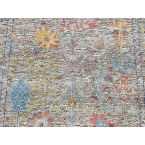 3'1"x12' Honey Brown, Silk with Textured Wool, Directional Vase Design, Hand Knotted, Runner Oriental Rug FWR525774