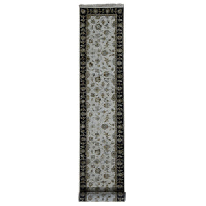 2'7"x16' Bone White, Half Wool and Half Silk, XL Runner Rajasthan All Over Leaf Design, Hand Knotted, Oriental Rug FWR525798