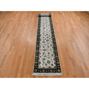 2'7"x16' Bone White, Half Wool and Half Silk, XL Runner Rajasthan All Over Leaf Design, Hand Knotted, Oriental Rug FWR525798