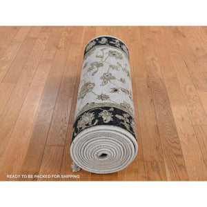 2'7"x16' Bone White, Half Wool and Half Silk, XL Runner Rajasthan All Over Leaf Design, Hand Knotted, Oriental Rug FWR525798