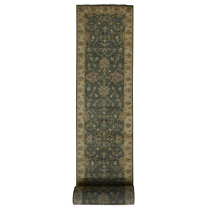 3'6"x32'2" Moss Green, Pure Wool, Hard Twist Agra, Extra Long and Wide Runner, Hand Knotted, Oriental Rug FWR525804