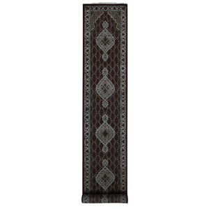 2'7"x15'8" Mahogany Red, Tabriz Mahi with Fish Medallion Design, Wool and Silk, XL Runner, Hand Knotted, Oriental Rug FWR525810