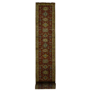 2'7"x19'10" Brick Red, Hand Knotted, XL Runner, Karajeh with Geometric Medallion Design, Pure Wool, Oriental Rug FWR525822