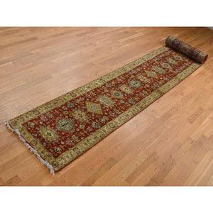 2'7"x19'10" Brick Red, Hand Knotted, XL Runner, Karajeh with Geometric Medallion Design, Pure Wool, Oriental Rug FWR525822