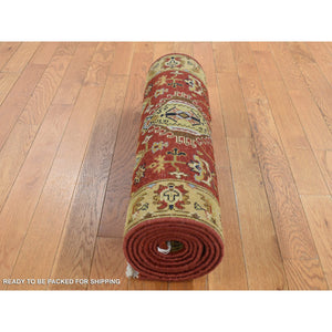 2'7"x19'10" Brick Red, Hand Knotted, XL Runner, Karajeh with Geometric Medallion Design, Pure Wool, Oriental Rug FWR525822