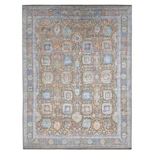 Load image into Gallery viewer, 11&#39;9&quot;x15&#39;2&quot; Tortilla Brown, Antiqued Tabriz Vase and Flower Blossom Design, Hi-Lo Pile, Silk with Textured Wool, Hand Knotted, Oversized, Oriental Rug FWR525864