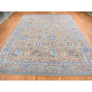 11'9"x15'2" Tortilla Brown, Antiqued Tabriz Vase and Flower Blossom Design, Hi-Lo Pile, Silk with Textured Wool, Hand Knotted, Oversized, Oriental Rug FWR525864