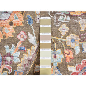 11'9"x15'2" Tortilla Brown, Antiqued Tabriz Vase and Flower Blossom Design, Hi-Lo Pile, Silk with Textured Wool, Hand Knotted, Oversized, Oriental Rug FWR525864