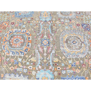 11'9"x15'2" Tortilla Brown, Antiqued Tabriz Vase and Flower Blossom Design, Hi-Lo Pile, Silk with Textured Wool, Hand Knotted, Oversized, Oriental Rug FWR525864