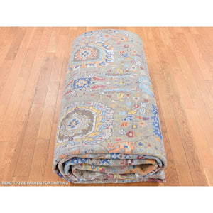 11'9"x15'2" Tortilla Brown, Antiqued Tabriz Vase and Flower Blossom Design, Hi-Lo Pile, Silk with Textured Wool, Hand Knotted, Oversized, Oriental Rug FWR525864