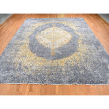 Load image into Gallery viewer, 12&#39;x15&#39;1&quot; Pewter Gray With Gold, Broken And Erased Persian Medallion Design With Roman Mosaic, Wool And Pure Silk, Hand Knotted, Oversized, Oriental Rug FWR525870