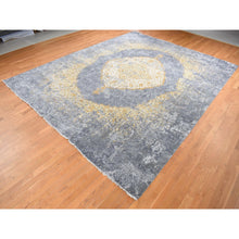 Load image into Gallery viewer, 12&#39;x15&#39;1&quot; Pewter Gray With Gold, Broken And Erased Persian Medallion Design With Roman Mosaic, Wool And Pure Silk, Hand Knotted, Oversized, Oriental Rug FWR525870