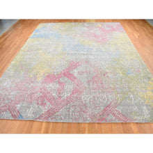 Load image into Gallery viewer, 12&#39;x15&#39; Battleship Gray With Red And Yellow Shades, Oversized, Trellis In The Spring, Pure Silk, Hi-low Pile, Hand Knotted Oriental Rug FWR525882