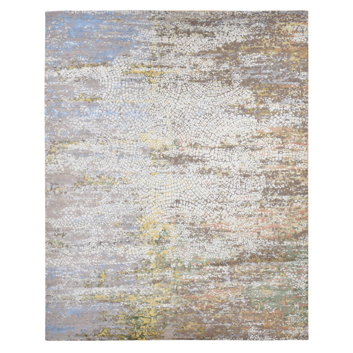 12'x15' Ivory with a Mix of Brown, Wool and Pure Silk, Broken Roman Mosaic Design, Oversized, Hand Knotted Oriental Rug FWR525894