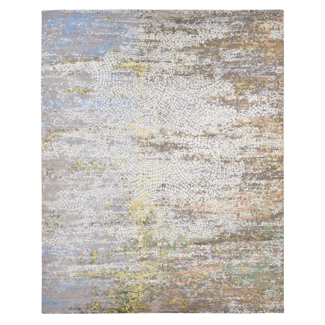 12'x15' Ivory with a Mix of Brown, Wool and Pure Silk, Broken Roman Mosaic Design, Oversized, Hand Knotted Oriental Rug FWR525894
