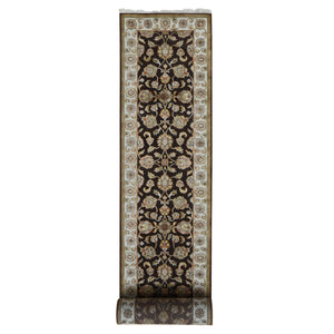 2'7"x15'9" Coffee Brown, Rajasthan All Over Leaf Design, Half Wool and Half Silk, XL Runner, Hand Knotted Oriental Rug FWR525936