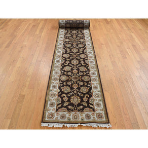 2'7"x15'9" Coffee Brown, Rajasthan All Over Leaf Design, Half Wool and Half Silk, XL Runner, Hand Knotted Oriental Rug FWR525936
