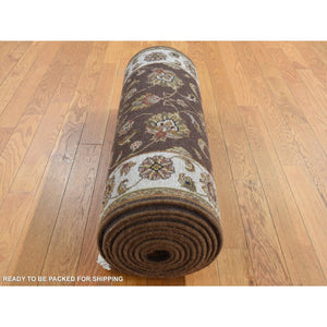 2'7"x15'9" Coffee Brown, Rajasthan All Over Leaf Design, Half Wool and Half Silk, XL Runner, Hand Knotted Oriental Rug FWR525936