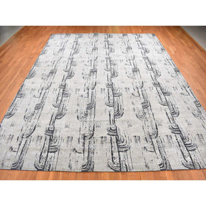 11'9"x14'10" Cloud Gray, THE CANE, Oversized, Pure Silk with Textured Wool, Hand Knotted Oriental Rug FWR525972