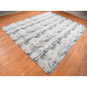 11'9"x14'10" Cloud Gray, THE CANE, Oversized, Pure Silk with Textured Wool, Hand Knotted Oriental Rug FWR525972