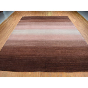 12'4"x15' Mocha Brown Shade Gradation and Rainbow Design, Modern Gabbeh, Pure Wool, Hand Knotted, Oversized Oriental Rug FWR525984