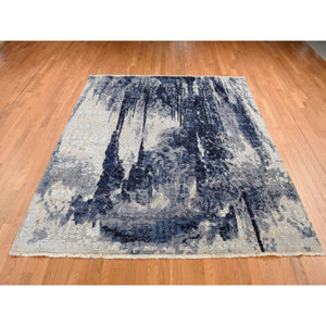 10'x10' Denim Blue, Wool And Silk, Shibori Design, Tone On Tone, Hand Knotted, Square Oriental Rug FWR526008
