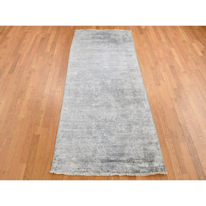 4'x9'8" Coin Gray, Broken And Erased Persian Design, Wide Runner, Wool And Silk, Hand Knotted Oriental Rug FWR526074